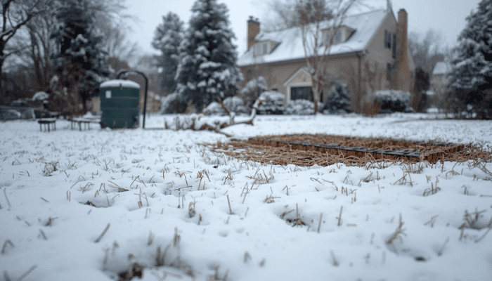 A snow-covered residential yard with a subtle outline marking the septic tank and drain field area, with a home in the background during winter. The image conveys cold weather conditions while emphasizing septic system protection.